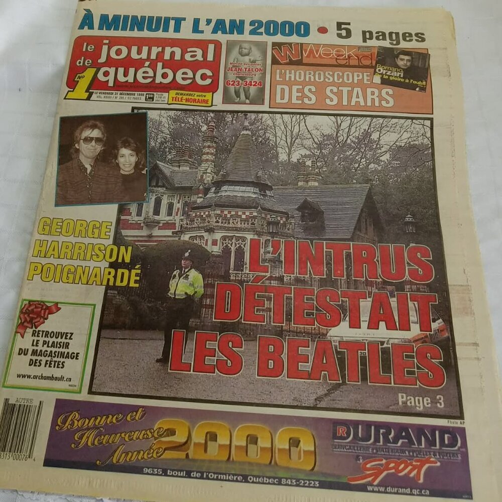 “George Harrison stabbed” Le Journal de Québec Friday December 31,1999 in French